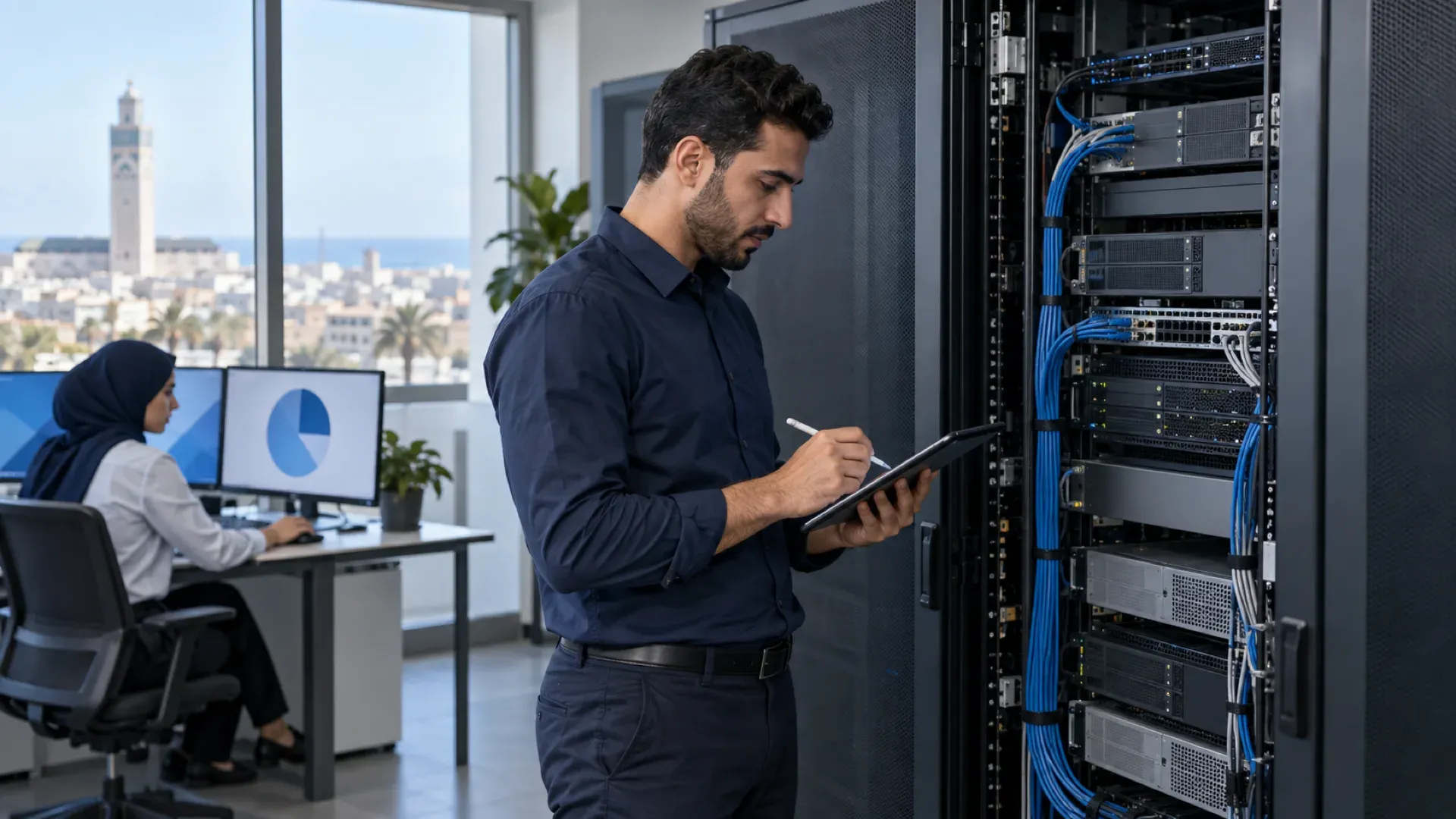 ALLSAFE SOLUTIONS engineer in front of a server rack