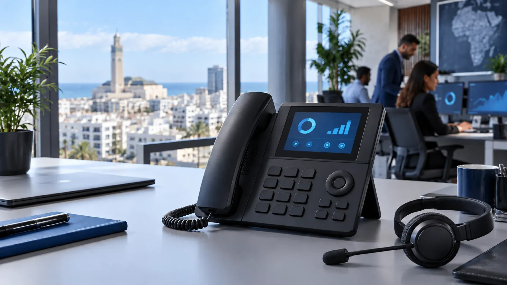 Modern IP desk phone on an office desk